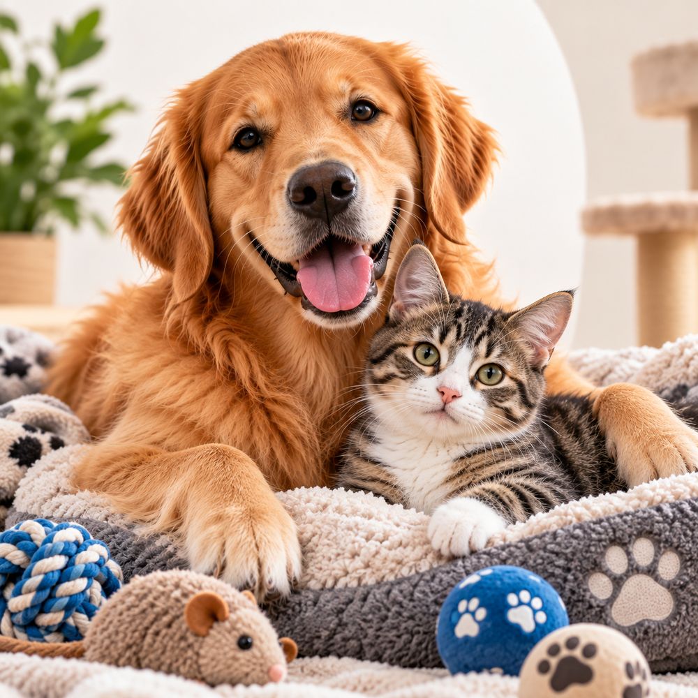 A golden retriever and a tabby cat cuddled up on a cosy bed