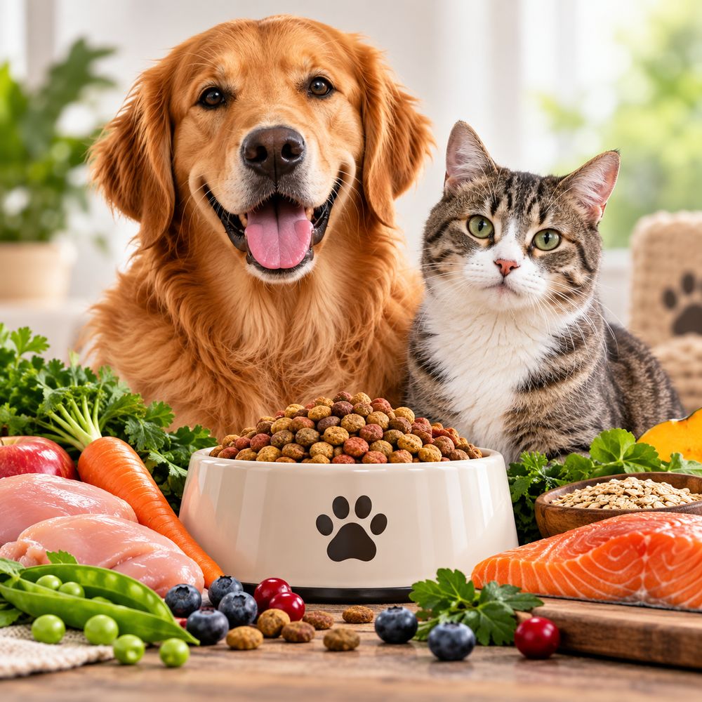 A dog and cat sitting behind a bowl of healthy food